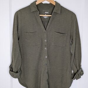 Medium Green 3/4" Length Button Sleeves V-Neck Button Down Casual Sonoma Pockets